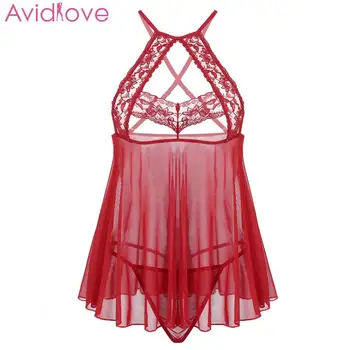 

Avidlove Sexy Lingerie Dress Porno Sleepwear Women Backless Mini Babydoll Chemise G-string Set Mesh Sheer Lace Erotic Nightdress