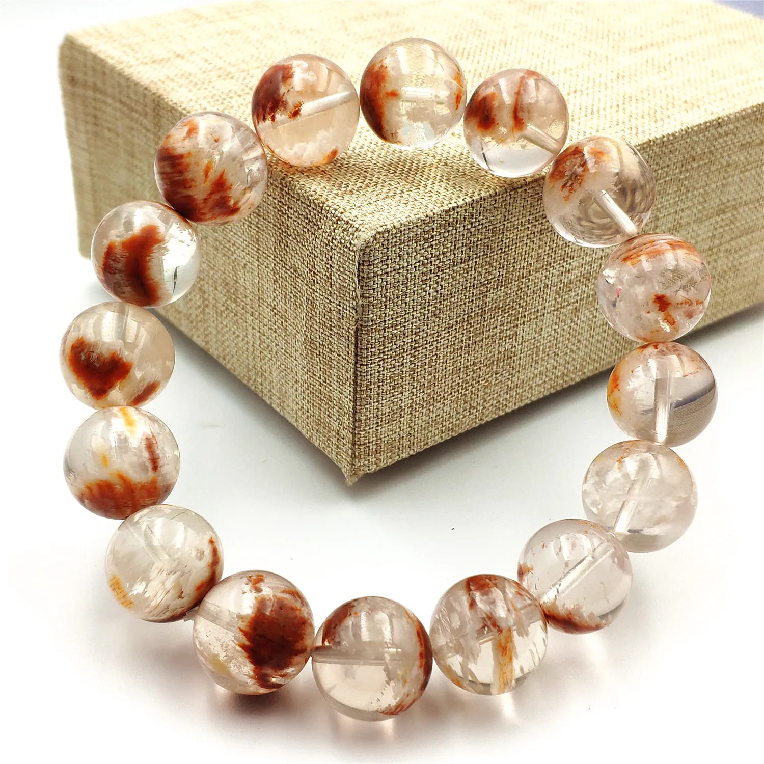 

13mm Natural Orange White Sericite Snow Red Phantom Bracelet Crystal Round Bead Stretch Bracelet Rarest Jewelry AAAAA
