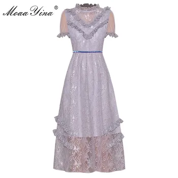 

MoaaYina Fashion Designer dress Summer Women Dress Stand collar Short sleeve Ruffles Lace Midi Dresses