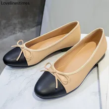 Zapatos de tacón bajo de Ballet para mujer, calzado básico de trabajo de tela de Tweed, con lazo de cuero y punta redonda, de dos colores, 2022