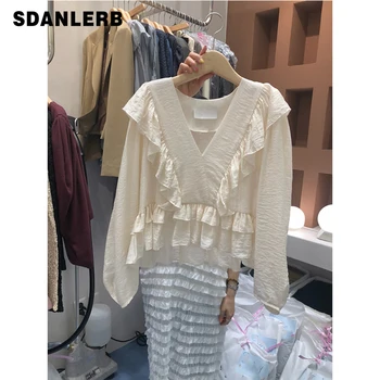 

Korean-Style Sweet Ruffle Shirt Women's 2020 Spring New V-neck Loose-Fit Long-Sleeve Doll Shirt Girls Ladies Blouse Ropa Mujer