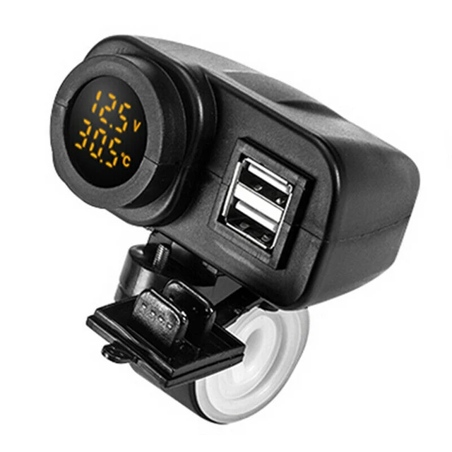 US $10.57 1pc 5V 21A Motorcycle Scooter Handlebar Mount Dual USB Charger Yellow LED Voltmeter Thermometer Wa