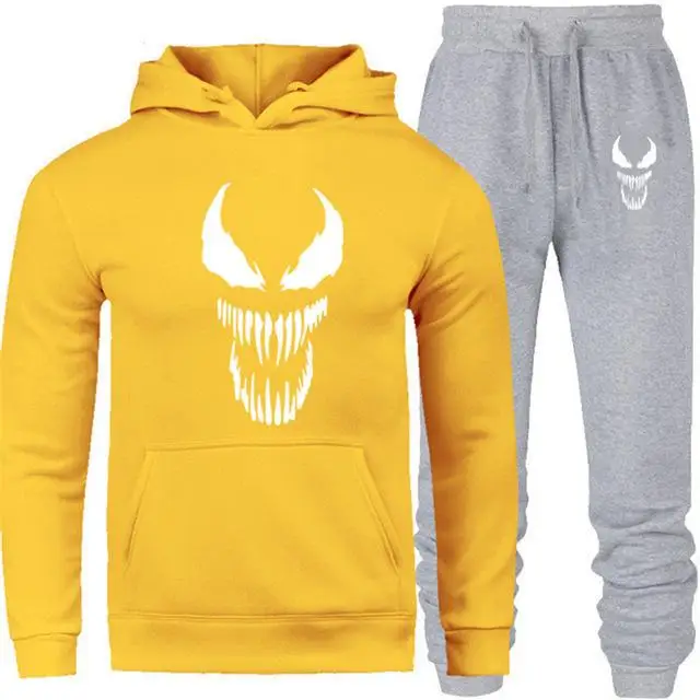 Новинка, брендовый спортивный костюм, модный, Venom, мужская спортивная одежда, два предмета, наборы, все, хлопок, флис, Толстая Толстовка с капюшоном+ штаны, спортивный костюм для мужчин - Цвет: yellow gray