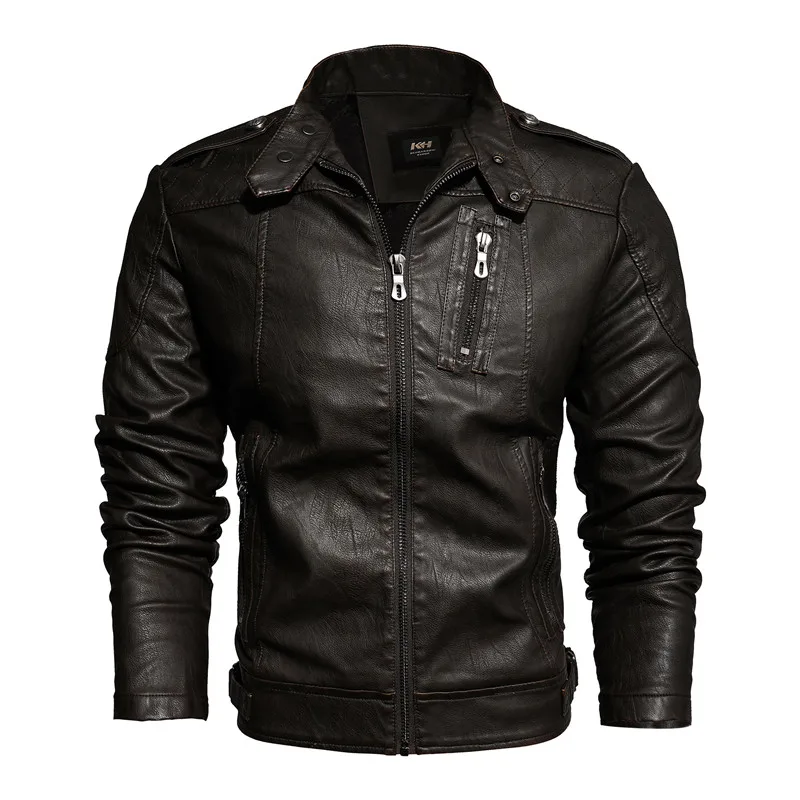 Мужская куртка из искусственной кожи черного цвета на зиму и осень, модные пальто для мужчин, уличный стиль, стоячий воротник, мотоциклетная куртка-бомбер, мужское кожаное пальто - Цвет: KH8899-Coffee