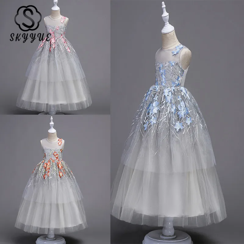 

Skyyue Flower Girl Dress for Wedding O-neck Flower Embroidery Tulle Tank Ball Gown Kid Party Communion Dress Princess 2019 573