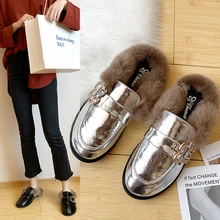 Vabadus Fur Loafers slip On Oxfords Round Toe Winter Metal Slippers Rhinestone Silver Casual Flats Comfort Shoes Woman yd449