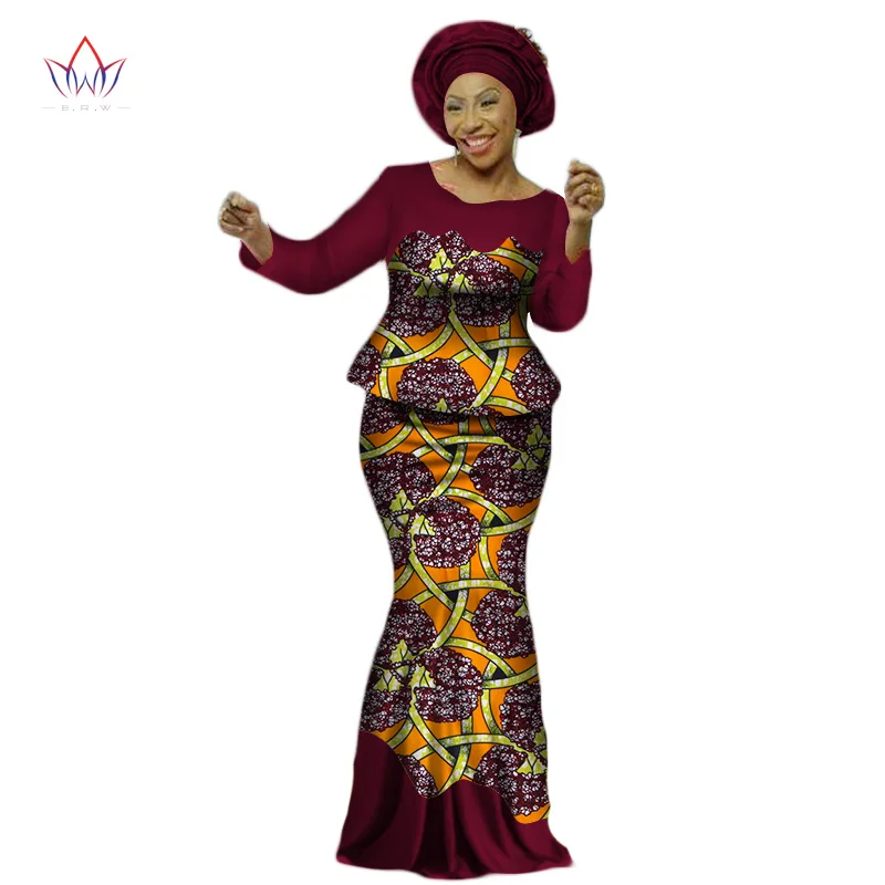 Africa Style Bazin Riche Dresses for Women Two Pieces Set Women Long Sleeve Tops and Long African Print Skirt Plus Size WY2454 - Цвет: 16