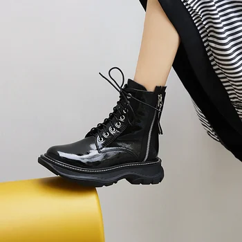 

Women ankle boots Patent leather shoes woman womens platform heels side zippers fashion Simple and versatile chunky boots