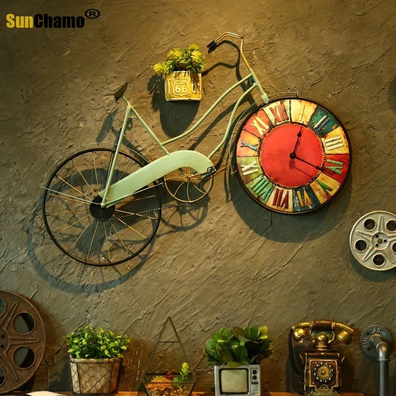 Retro Bike Mural Hanging Wall Clocks Living Room Decor Pendant Vintage