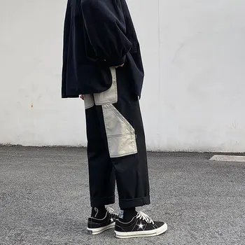

2020 Spring And Autumn New Wide-leg Vertical Personality Contrast Color Large Pocket Overalls Fashion Casual Straight Pants