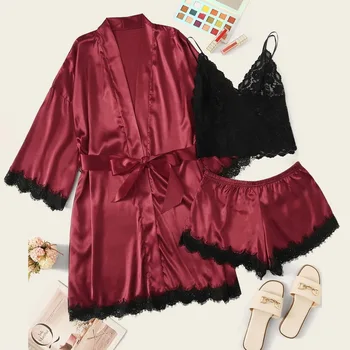 

3pcs Pijamas Sets Pajamas Set Wire Free Lace Bra Camisole Panty and Robe Set Female Sexy Sleepwear Women Floral Print Satin