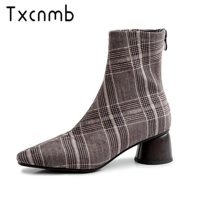 

TXCNMB Soft Knitted Sock Boots Stretch Fabric Shoes Med Heels Pointed Toe Ankle Boots for Ladies 2019 Leather Winter Women Boots