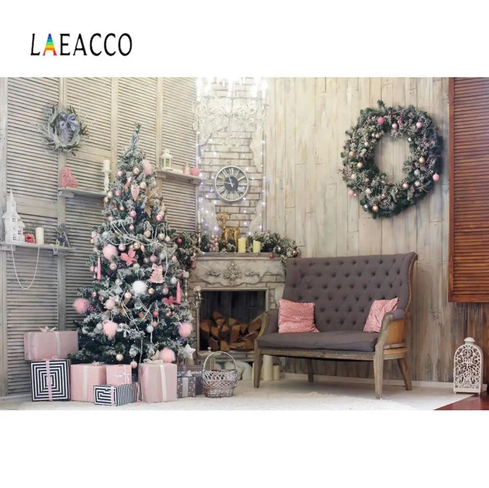 

Laeacco Old Rural House Christmas Party Tree Gift Fireplace Wreath Baby Child Portrait Photo Background Photography Backdrops