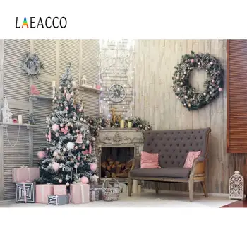 

Laeacco Old Rural House Christmas Party Tree Gift Fireplace Wreath Baby Child Portrait Photo Background Photography Backdrops