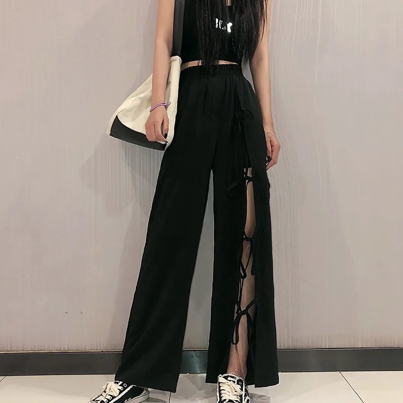 

Unique Wide Leg Women Pants Trousers Casual High Waist One-Sided Split Fashion Loose Long Black Pants