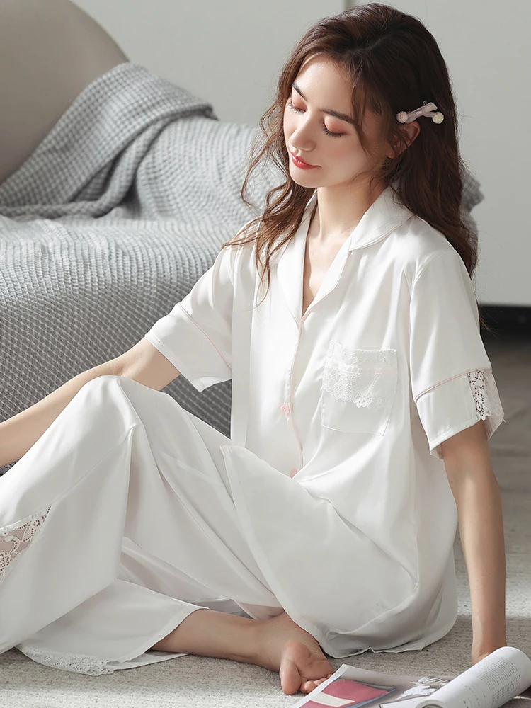 2021 New Summer Ice Silk Pajamas Set for Women Short-sleeve Pyjamas Suit Home Clothes Sleepwear Female Summer Short Pijama Mujer