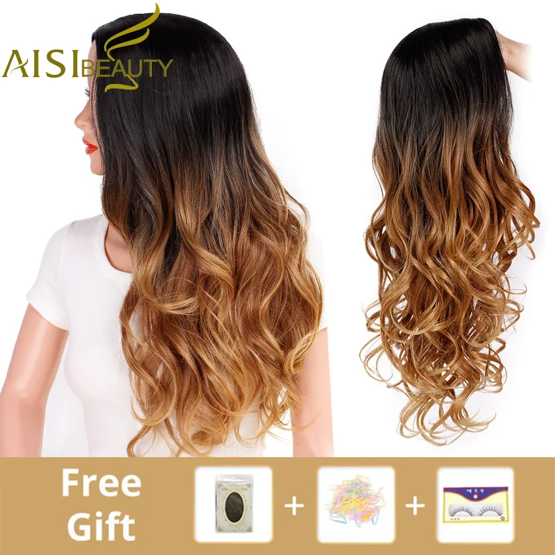 Billige AISI SCHÖNHEIT Lange Ombre Braun Wellenförmige Perücke Blonde Cosplay Synthetische Perücken Für Frauen Glueless Haar Hohe Dichte Temperatur Schwarz Grau
