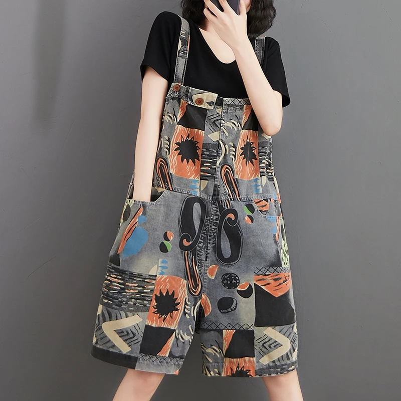 Vintage Denim Printed Overall Shorts Woman 2020 Summer High Waist Strap Jumpsuit Wide Leg Shorts Loose Casual Playsuit Rompers