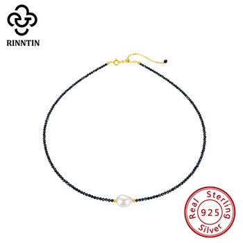 

Rinntin 925 Sterling Silver Necklaces Black Spinel Gemstone & Freshwater Pearl Trendy Jewelry Wedding Party Gift TSN157