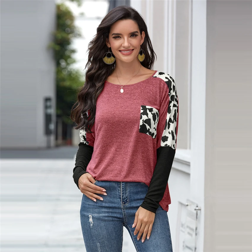 Cow Stripes Print O-Neck 2020 Autumn Patchwork T Shirts Women Tops Casual Loose Pockets Clothing Vetement Femme Bottoming Tees Cow Stripes Print O-Neck 2020 Autumn Patchwork T Shirts Women Tops Casual Loose Pockets Clothing Vetement Femme Bottoming Tees