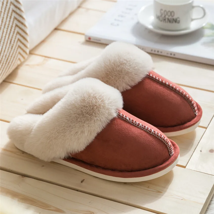 Бархатная пара зимних хлопковых туфель домашняя теплая обувь на нескользящей подошве удобные мягкие однотонные тапочки из флока без шнуровки на плоской подошве 40 - Цвет: Red