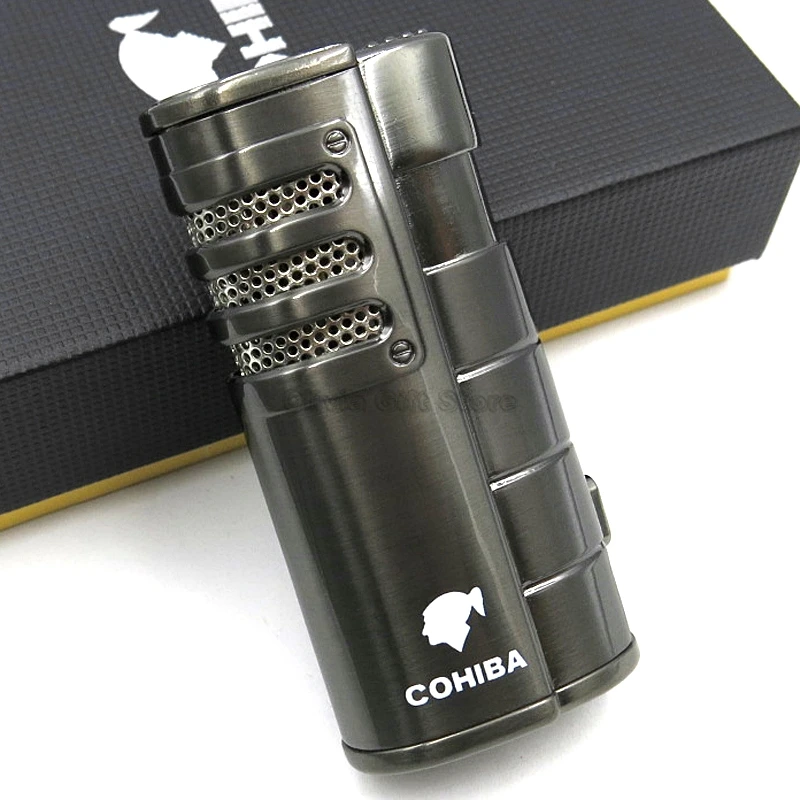 Cohiba Metal Cigarette Cigar Tobacco Lighter 3 Torch Jet Flame With Punch Refillable Windproof Smoking Accessories Gift Box
