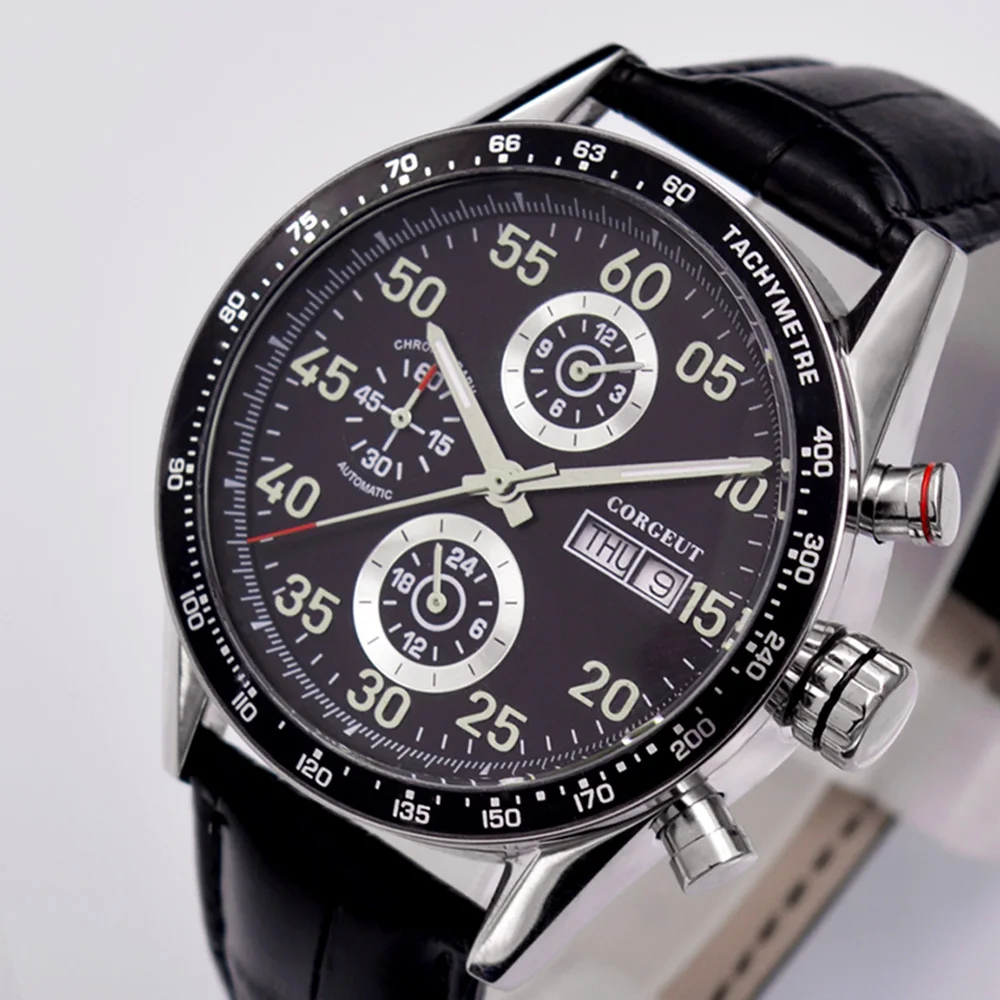 Mechanical Automatic Men Watches Military Clock Stainless Steel Leather Straps Luminous Black 43MM