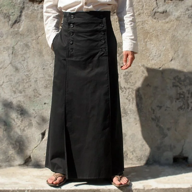 

MoneRffi Mens Vintage Black Long Skirt Pants Christmas Costumes Medieval Style Skirt pants Button Long Bottom Men Stage Clothes