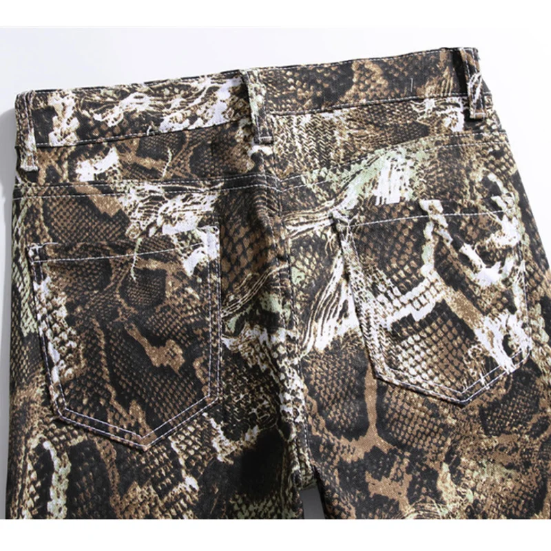 Flash Sale Aolamegs Jeans For Men Funny Snakeskin Print High Street Retro Style High Quality Casual Tight Hip Hop Advanced Jeans Streetwear