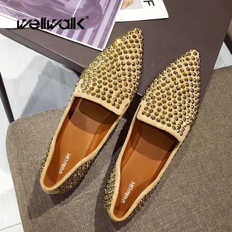 

Women Flat Shoes Ballet Flats Soft Comfortable Foldable Slip On Loafer Suede Flock Pointed Toe Rhinestones 2019 New Style