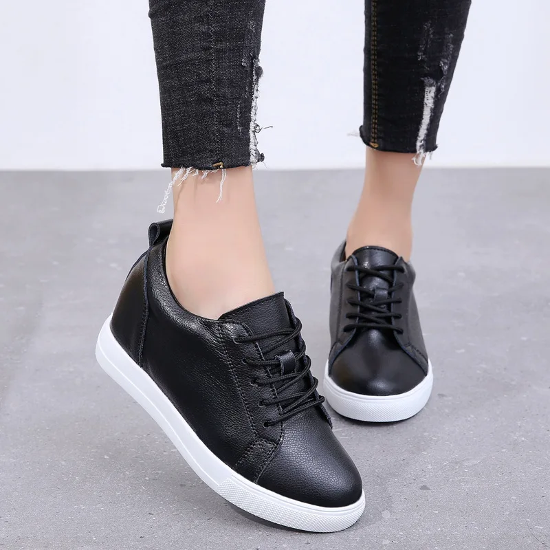 

New Style Spring And Autumn Casual WOMEN'S Genuine Leather Shoes Simple Anti-slip Wear-Resistant Students Elevator Thick Bottome