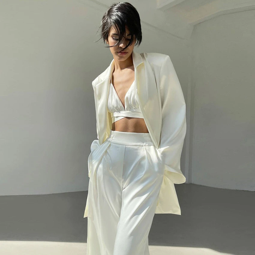 Y2k Sexy Elegant Three Piece Set Women Satin Coat Top With Pants Suit Fashion Chic Casual Autumn Streetwear Female 3 Piece Sets womens white suit set