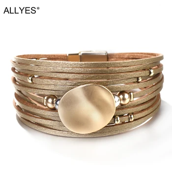 

ALLYES Metal Round Charm Leather Bracelets For Women 2020 Fashion 14 Strips Boho Multilayer Wide Wrap Bracelet Femme Jewelry