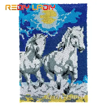 

Latch Hook Rug Acrylic Yarn Tapestry Kits DIY Carpet Rug White Horses Knitted Floor Mat Crochet Cushion Arts & Crafts 57*84cm