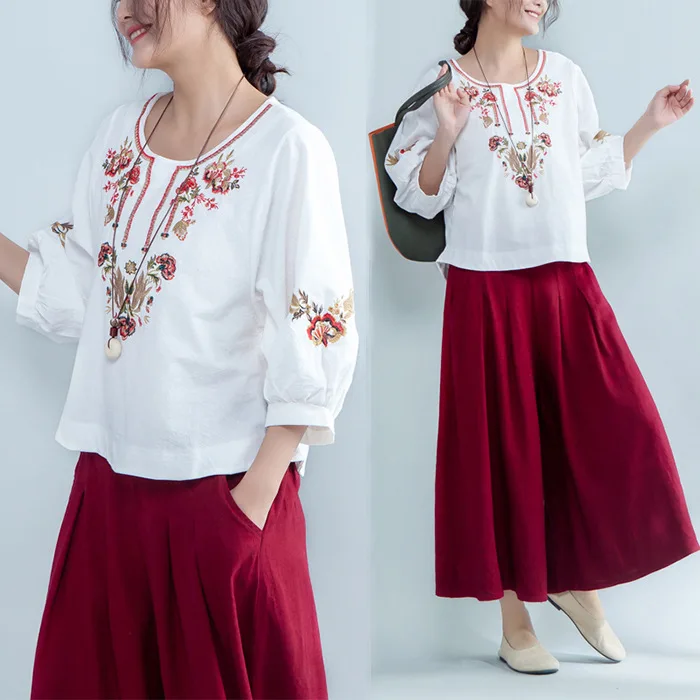 

2018 Summer New Style Literature And Art Large Size Cotton Linen Embroidery Half-sleeve Shirt Shirt