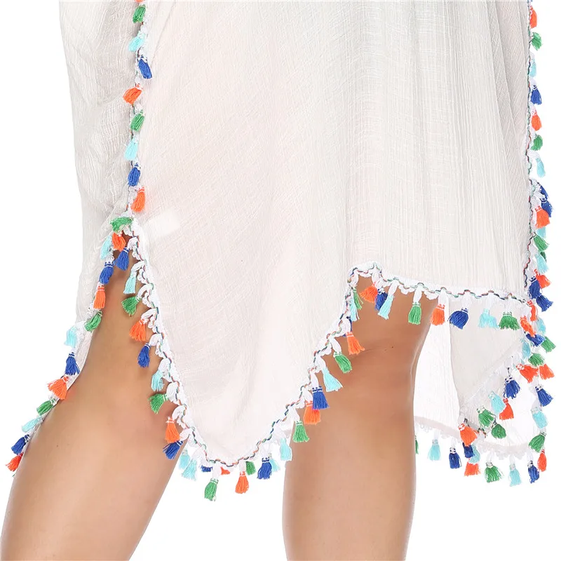 Plus Size Beach Cover Up Crochet Tassel Womens Cover-ups Fringe Long White Dresses 2020 Ladies Black Bathing Suit Ups V-neck 3XL