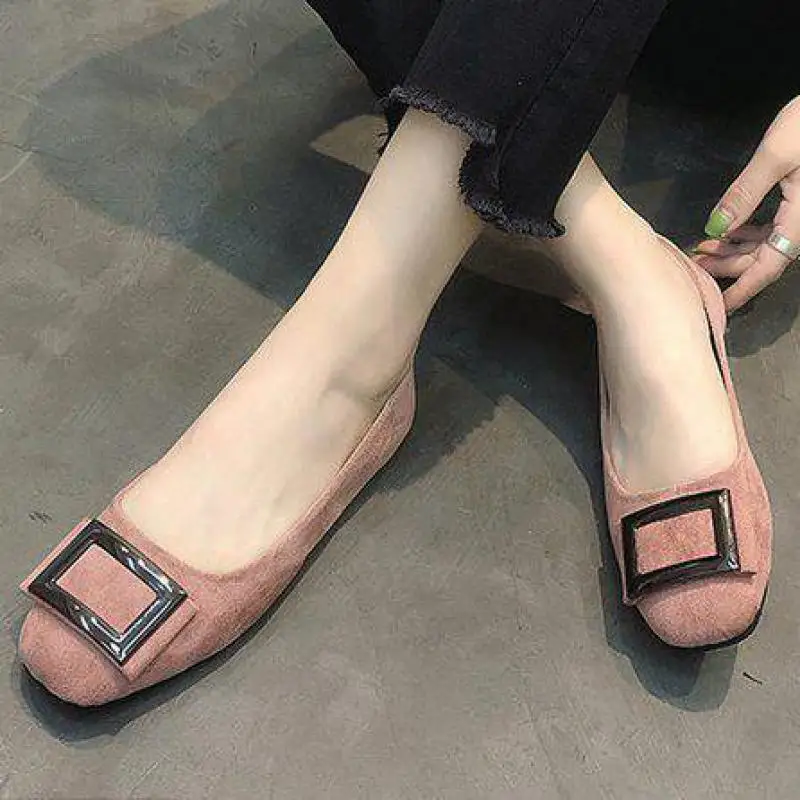 

34~44 Large Size Women Moccasins Suede Square Toe Ballet Flats With Metal Buckle Loafers Slip On Shallow Flat Ballerina Shoes