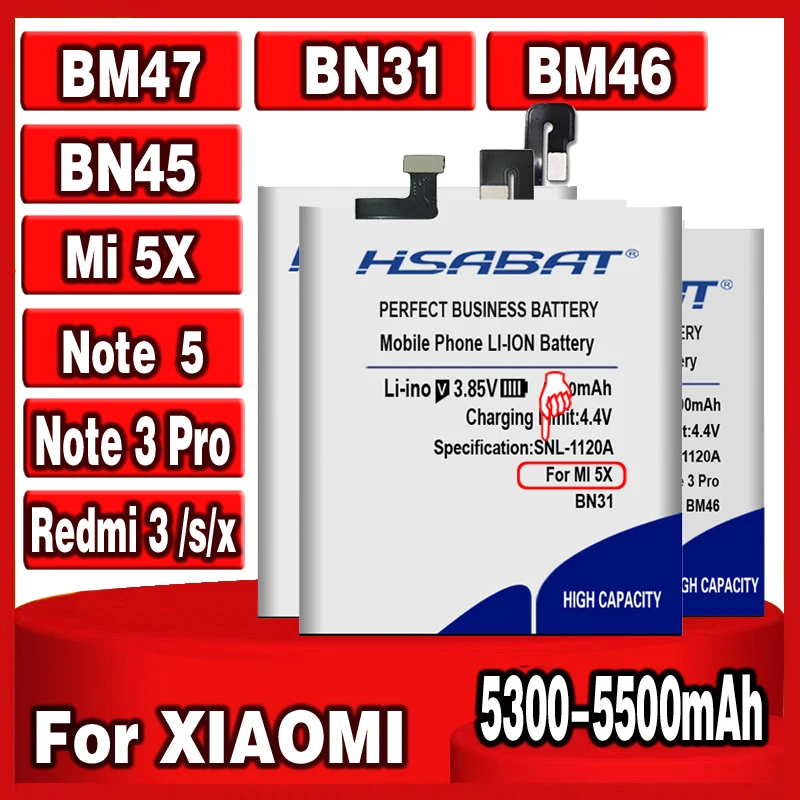Аккумулятор HSABAT 5300 5500 мАч BM47 BM46 BN31 BN45 для оригинального Xiaomi Redmi 3 3S 3X 4X pro Note 5 5A Pro Mi 5X