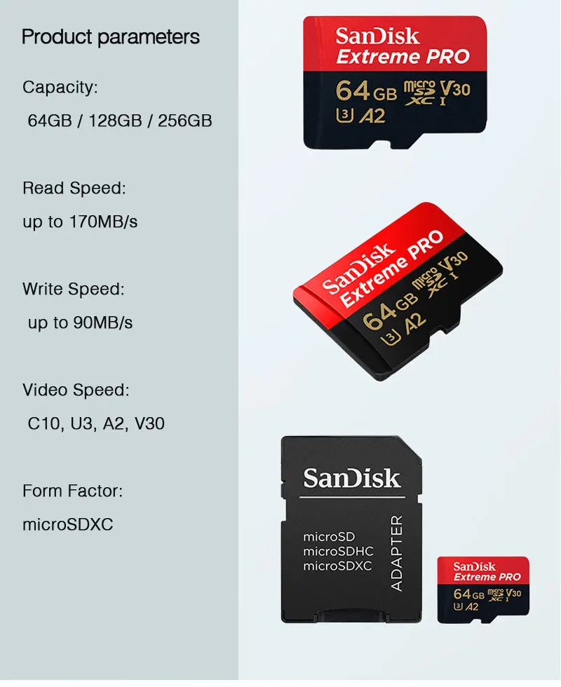 Карта памяти SanDisk Extreme PRO microsd, 256 ГБ, UHS-I, 128 ГБ, micro SD карта, 64 ГБ, TF карта, 170 МБ/с./с, класс 10, U3, V30, A2, картао-де-Мемория