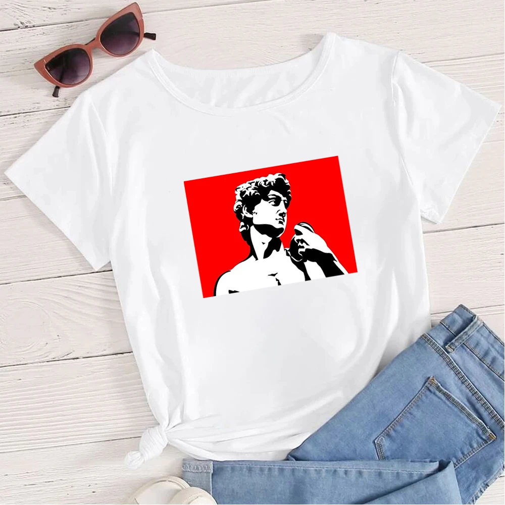 

Harajuku Aesthetic Women T-shirt Michelangelo Art Print Loose Oversize O-neck Top Daily Casual T Shirt Hipster clothes Tshirt