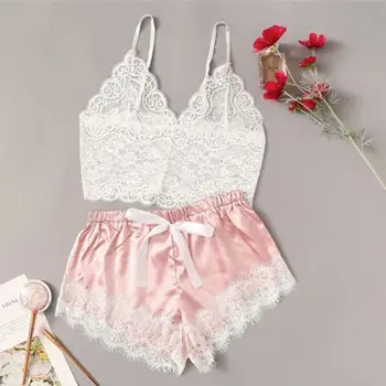 

2Pcs Women Sexy Satin Lingeries Underwear Babydoll Casual Nightwear Sleepwear Sleeveless Strap Patchwork Lace Pajams Sets Femme