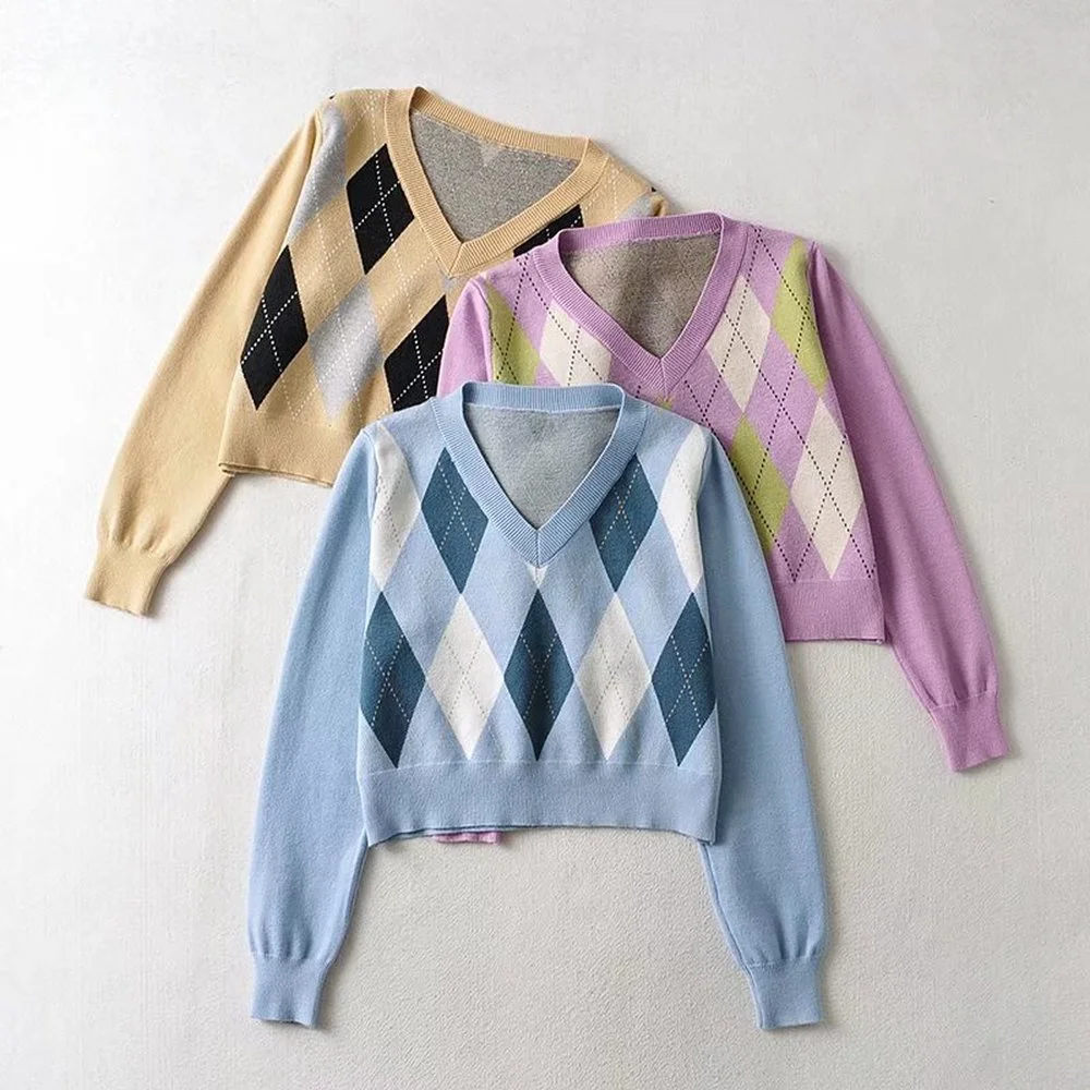 

2021 Fall Preppy Style Knitted Argyle Sweaters For Women V Neck Long Sleeve Loose Pullover Cropped Tops Casual Jumper Clothes