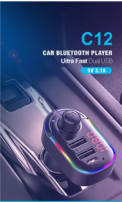 Bluetooth 5.0 FM Transmitter Car Kit MP3 Modulator Player Wireless Handsfree Audio Receiver Dual USB Fast Charger Ambient Light