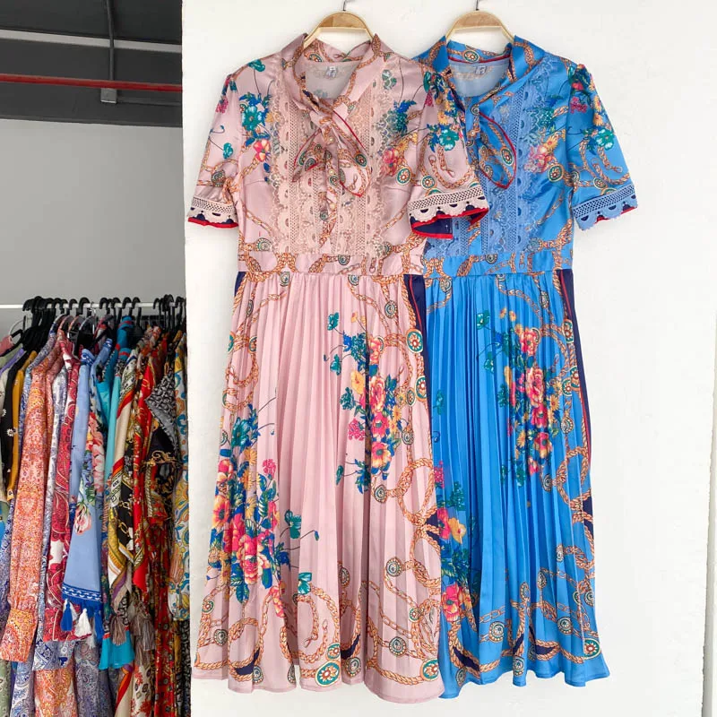 Lady New Fashion Short Sleeve Bow Collar Lace Stitching Pleated Elegant Dress Women Print High Street A-Line Vestidos H890