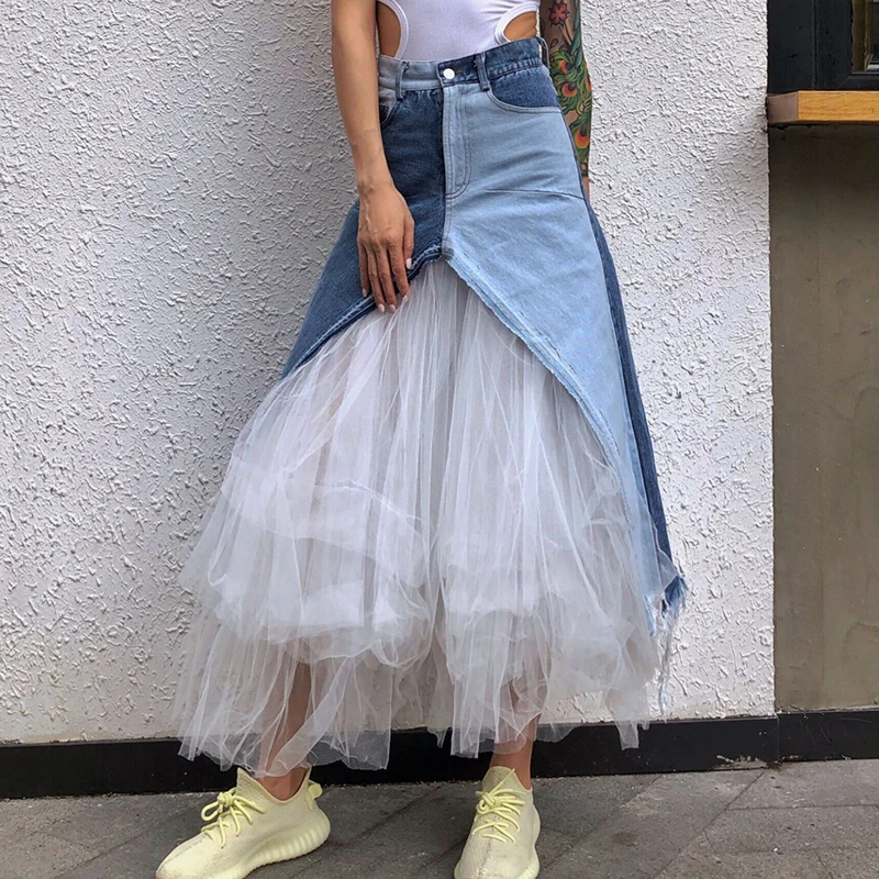 

Casual Mesh Patchwork Women Skirt High Waist Hit Color Denim Irregular Midi Skirts Female Fashion Summer New