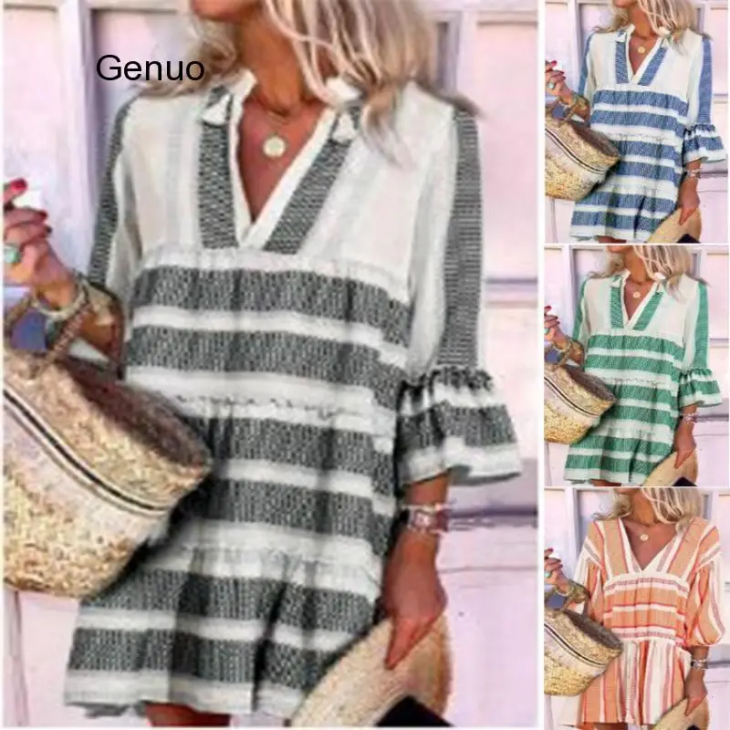 Women Print Boho Dress V-neck Bell Sleeve Bohemian Beachwear Summer Casual Dresses 2020 New Vestido Women Print Boho Dress V-neck Bell Sleeve Bohemian Beachwear Summer Casual Dresses 2020 New Vestido