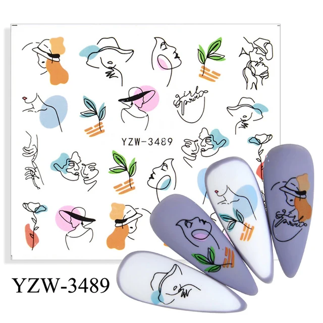 Colorful Face Flower Stickers Nail Stickers Transfer Nails Water Decal Nail Decals Leaf Sticker Series Watermark Nails Geometric YZW-3489