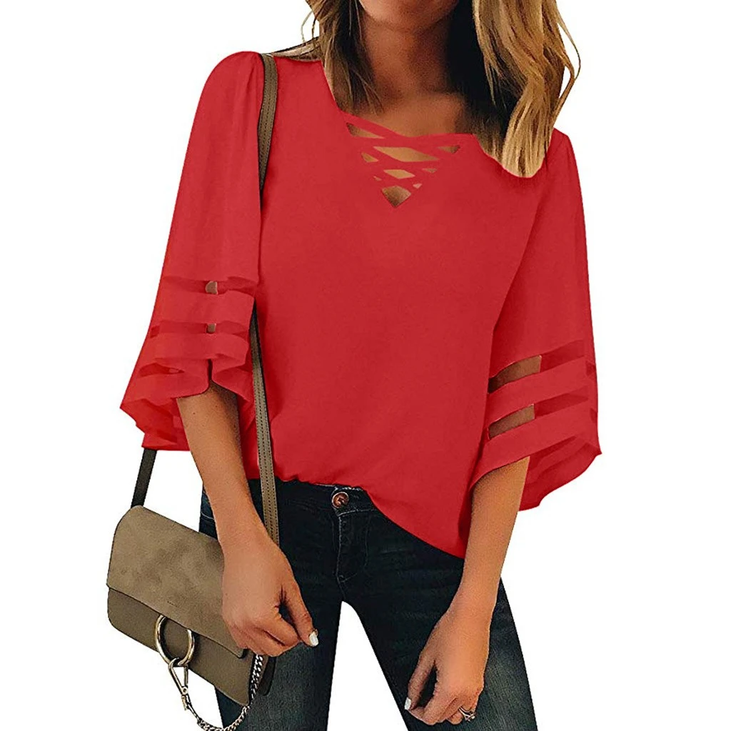 JAYCOSIN Fashion Loose Blouse Female V Neck Mesh Panel Blouses 3/4 Bell Sleeve Casual Loose Blouse Patchwork Ladies Girls 802