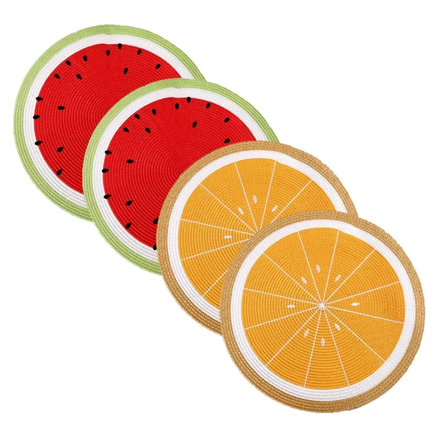 4 Pcs PP Woven Round Placemat Cartoon Fruit Dining Table Plate Mat Watermelon Lemon Drink Coasters Kitchen Accessories 1