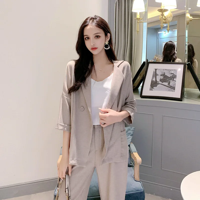 

2019 Autumn New Style Korean-style Fashion Three-quarter-length Sleeve Suit Jacket Capri Loose Pants Sub-Casual Two-Piece Set